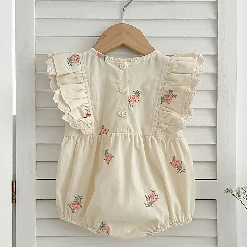 Summer Infant Baby Girl Bodysuits 0-24M Baby Clothing Toddler Baby Girl Jumpsuit Flying Sleeve Cotton Flower Embroidery Clothing