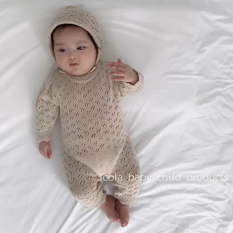 New Newborn Baby Boys Girls Knitted Jumpsuit Climbing +Hat 2Pcs Hollowed Out Clothing Romper Children's Casual Baby Soft Clothes