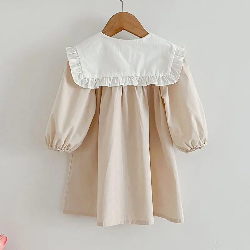 Spring Kids Baby Girls Long Sleeve Sweet Doll Collar Solid Color Princess Dress Autumn Baby Girls Dress Children Clothes Dress