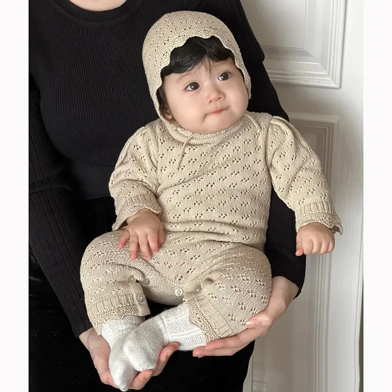 New Newborn Baby Boys Girls Knitted Jumpsuit Climbing +Hat 2Pcs Hollowed Out Clothing Romper Children's Casual Baby Soft Clothes
