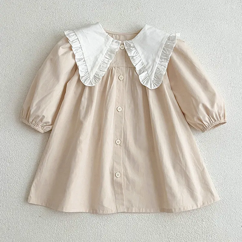 Spring Kids Baby Girls Long Sleeve Sweet Doll Collar Solid Color Princess Dress Autumn Baby Girls Dress Children Clothes Dress