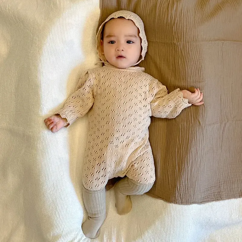 New Newborn Baby Boys Girls Knitted Jumpsuit Climbing +Hat 2Pcs Hollowed Out Clothing Romper Children's Casual Baby Soft Clothes