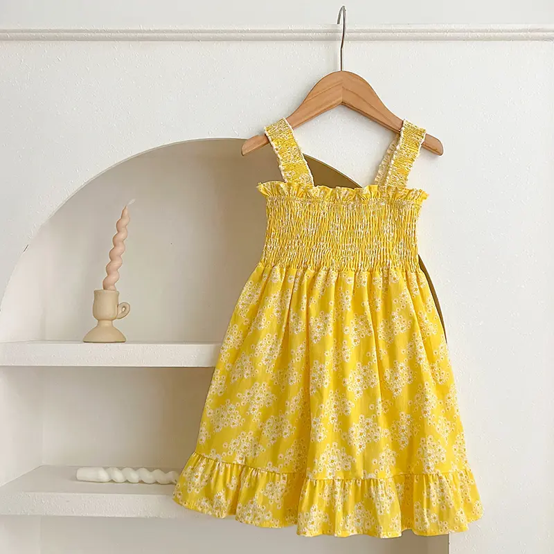 Summer Girls Dress Baby Square Neck Yellow Flowers Dress Sleeveless Backless Design Dress Kids Toddler Baby Dresses Clothing