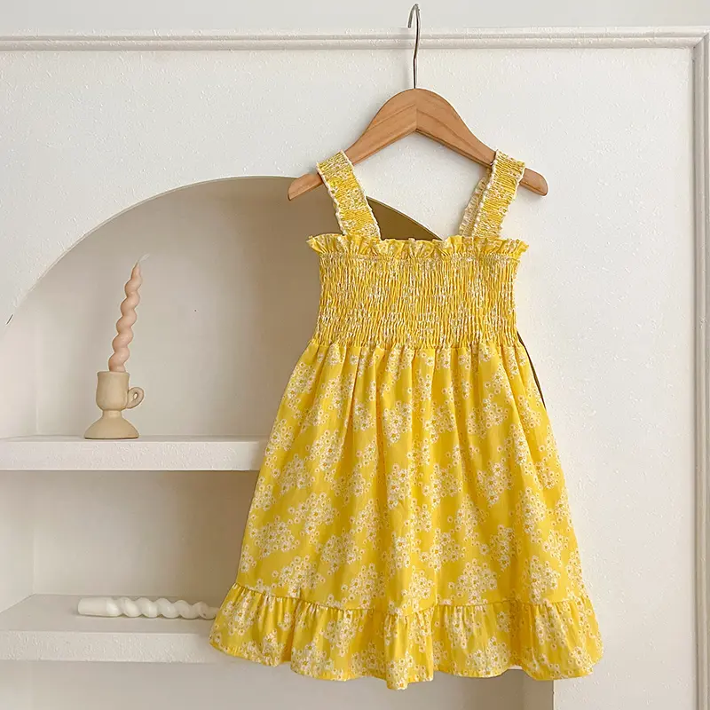 Summer Girls Dress Baby Square Neck Yellow Flowers Dress Sleeveless Backless Design Dress Kids Toddler Baby Dresses Clothing