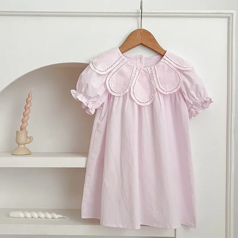 Girls Pink Princess Dresses New Summer Baby Dress Puff Sleeve Korean Style Petal Collar Toddlers Kids Cotton Cute Party Dress