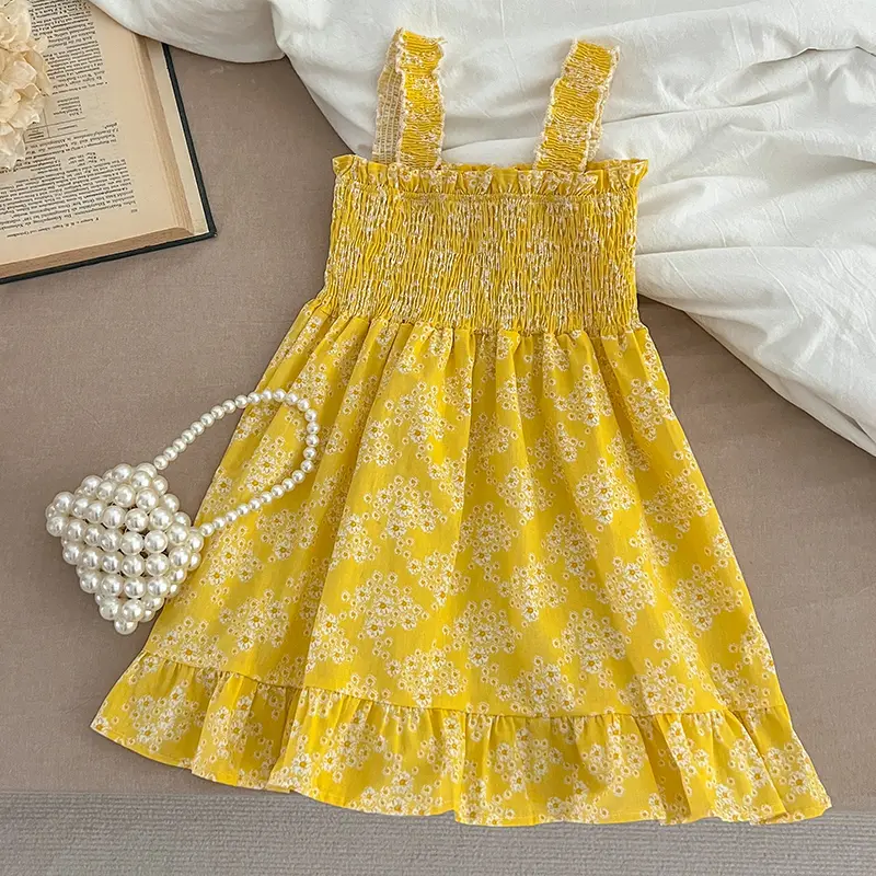Summer Girls Dress Baby Square Neck Yellow Flowers Dress Sleeveless Backless Design Dress Kids Toddler Baby Dresses Clothing