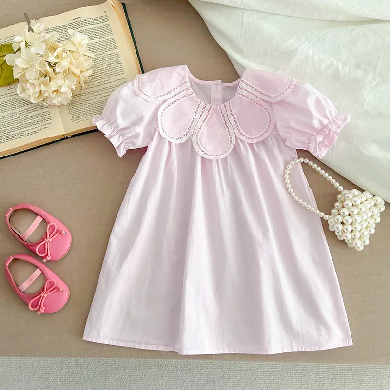 Girls Pink Princess Dresses New Summer Baby Dress Puff Sleeve Korean Style Petal Collar Toddlers Kids Cotton Cute Party Dress