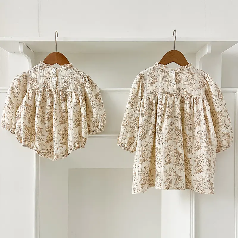 New Sisters Dress Infant Baby Girls Lace Collar Dress Rompers Kids Girls Vintage Flowers Princess Dress Family Clothes Rompers