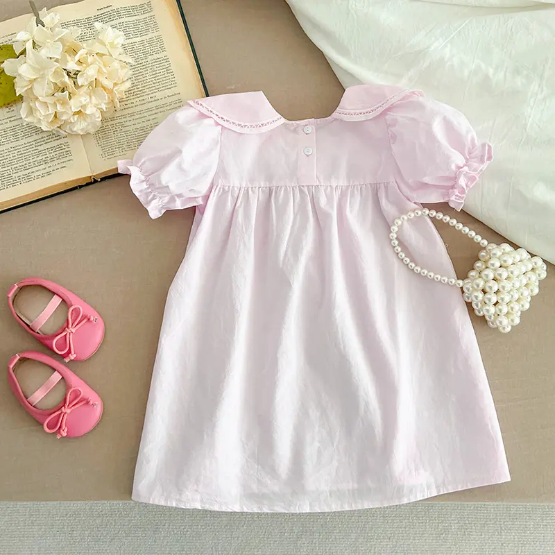 Girls Pink Princess Dresses New Summer Baby Dress Puff Sleeve Korean Style Petal Collar Toddlers Kids Cotton Cute Party Dress