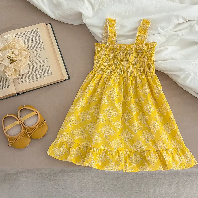Summer Girls Dress Baby Square Neck Yellow Flowers Dress Sleeveless Backless Design Dress Kids Toddler Baby Dresses Clothing