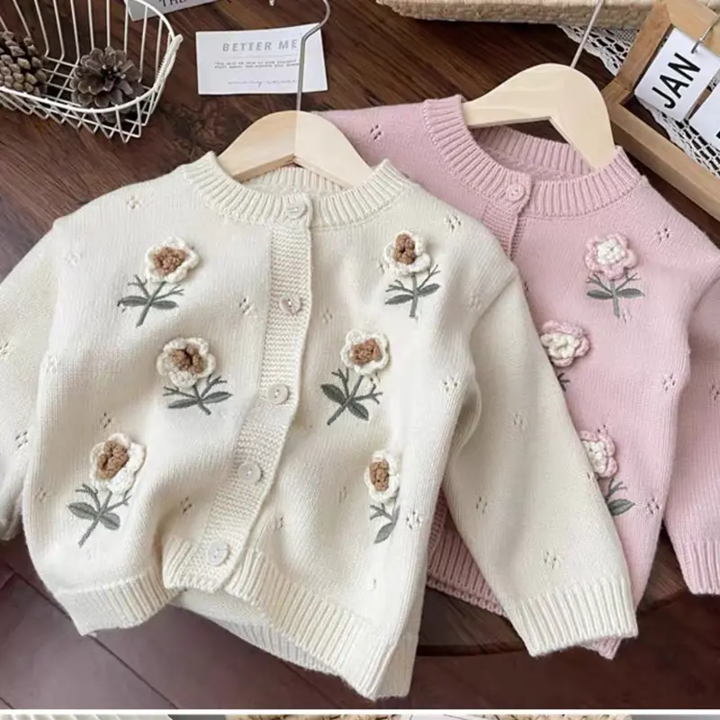 Infant Girl Knitting Cardigan Toddler Baby Girls Sweater Coat Autumn Hand Hook Three-Dimensional Flower Sweater Knitted Cardigan