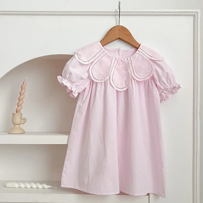Girls Pink Princess Dresses New Summer Baby Dress Puff Sleeve Korean Style Petal Collar Toddlers Kids Cotton Cute Party Dress