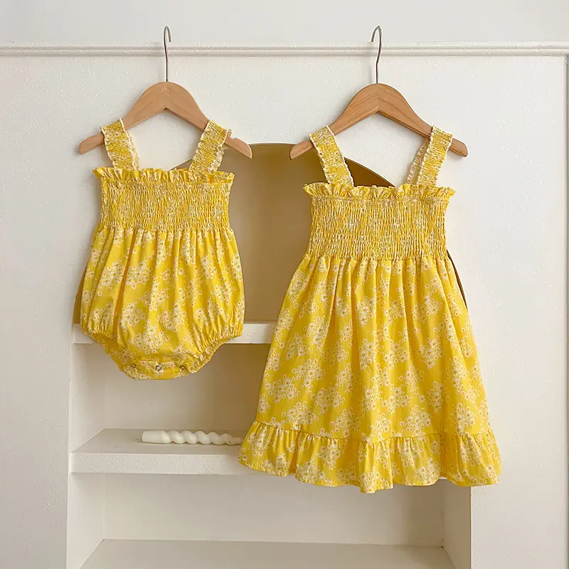 Summer Girls Dress Baby Square Neck Yellow Flowers Dress Sleeveless Backless Design Dress Kids Toddler Baby Dresses Clothing
