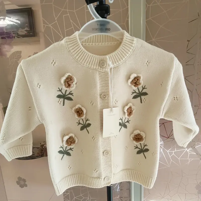 Infant Girl Knitting Cardigan Toddler Baby Girls Sweater Coat Autumn Hand Hook Three-Dimensional Flower Sweater Knitted Cardigan