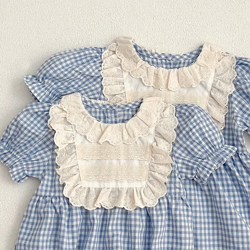 New Summer Baby Girls Romper Newborn Lace Clothing Vintage Blue Grid Infant Embroidery Jumpsuit Toddler Girls One-Piece Clothing