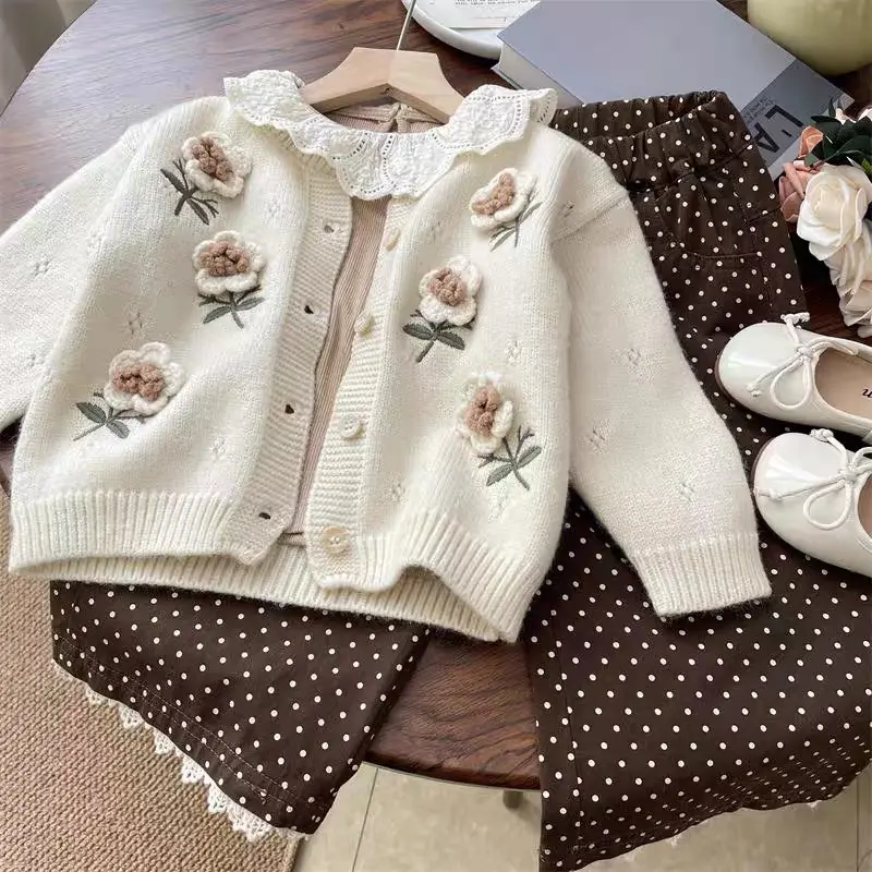 Infant Girl Knitting Cardigan Toddler Baby Girls Sweater Coat Autumn Hand Hook Three-Dimensional Flower Sweater Knitted Cardigan