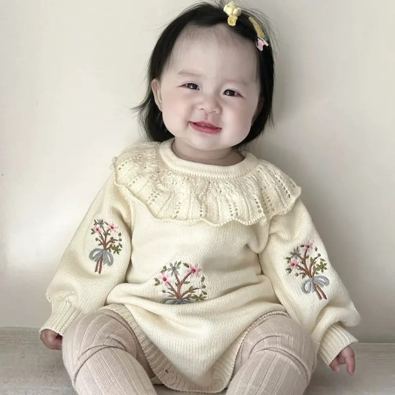 New Baby Knitted Romper Autumn Embroidery Baby Girls Romper Ruffled Collar Long Sleeve Newborn Clothes Infant Baby Jumpsuits