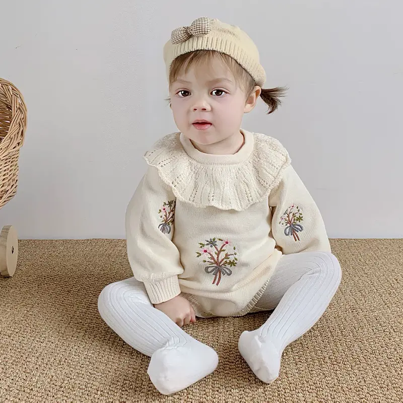 New Baby Knitted Romper Autumn Embroidery Baby Girls Romper Ruffled Collar Long Sleeve Newborn Clothes Infant Baby Jumpsuits