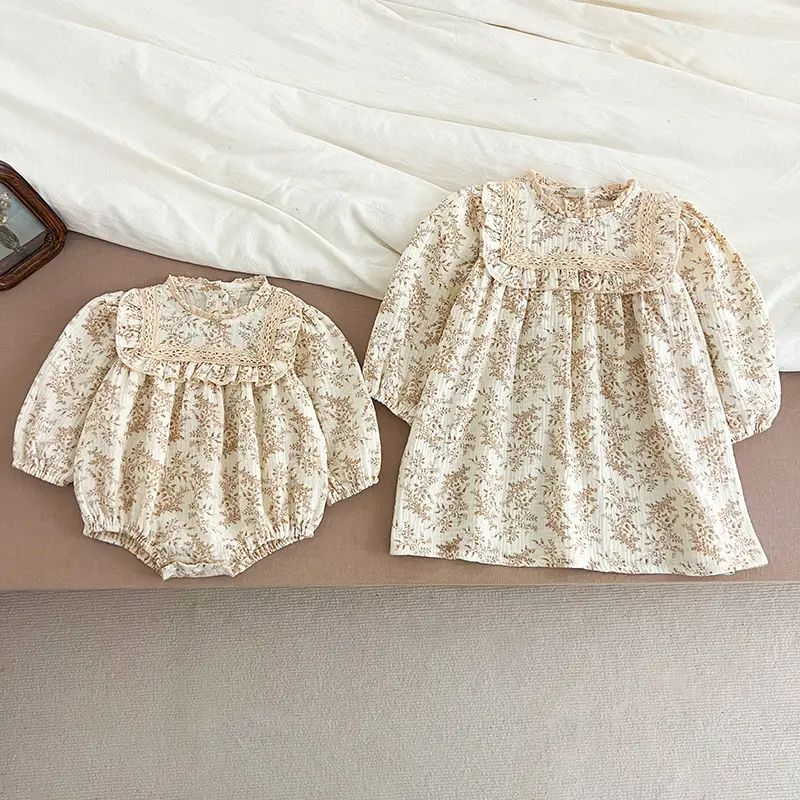 New Sisters Dress Infant Baby Girls Lace Collar Dress Rompers Kids Girls Vintage Flowers Princess Dress Family Clothes Rompers