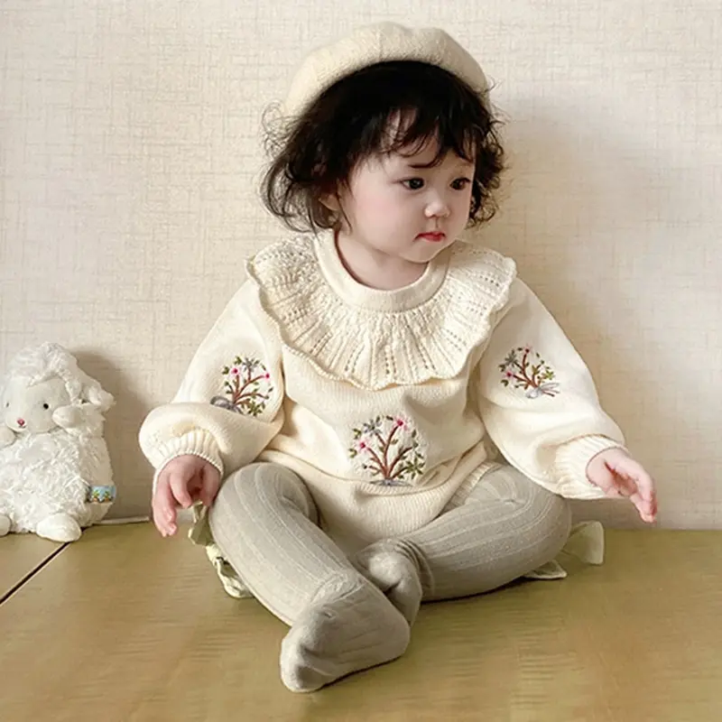 New Baby Knitted Romper Autumn Embroidery Baby Girls Romper Ruffled Collar Long Sleeve Newborn Clothes Infant Baby Jumpsuits