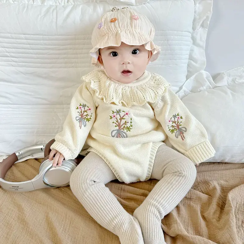 New Baby Knitted Romper Autumn Embroidery Baby Girls Romper Ruffled Collar Long Sleeve Newborn Clothes Infant Baby Jumpsuits
