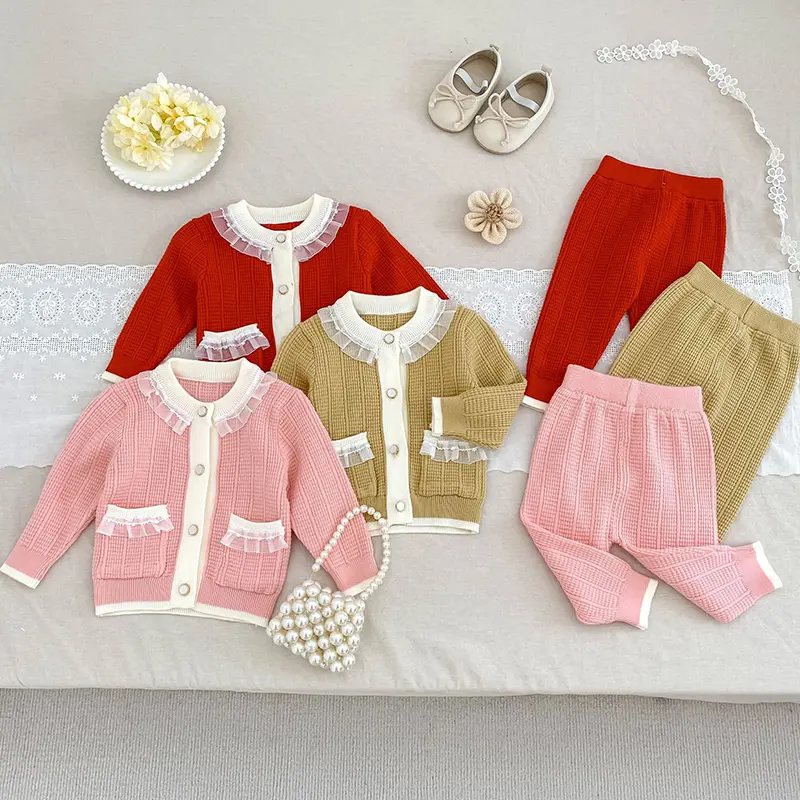 Autumn Girls Kids Knitted Clothing Set Long Sleeved Lace Style Cardigan Sweater+Pant Baby Girl Clothes Suit Spring Children Suit