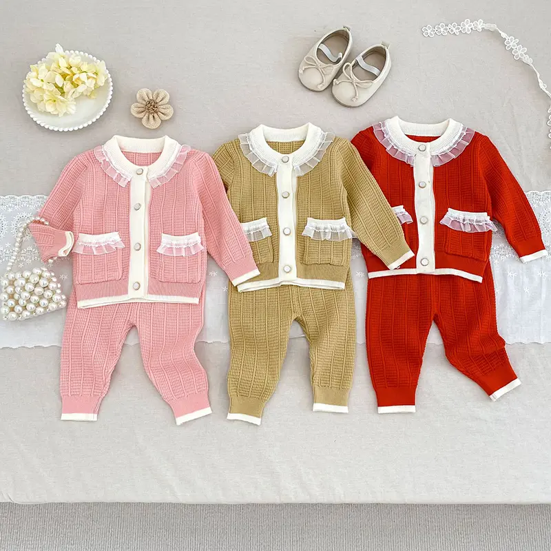 Autumn Girls Kids Knitted Clothing Set Long Sleeved Lace Style Cardigan Sweater+Pant Baby Girl Clothes Suit Spring Children Suit