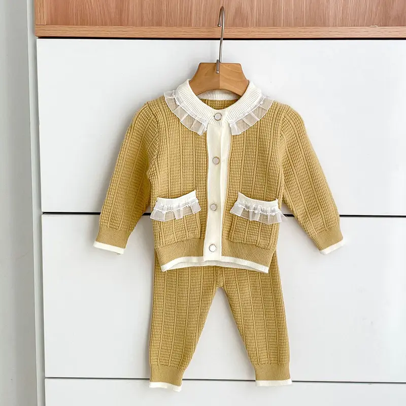 Autumn Girls Kids Knitted Clothing Set Long Sleeved Lace Style Cardigan Sweater+Pant Baby Girl Clothes Suit Spring Children Suit