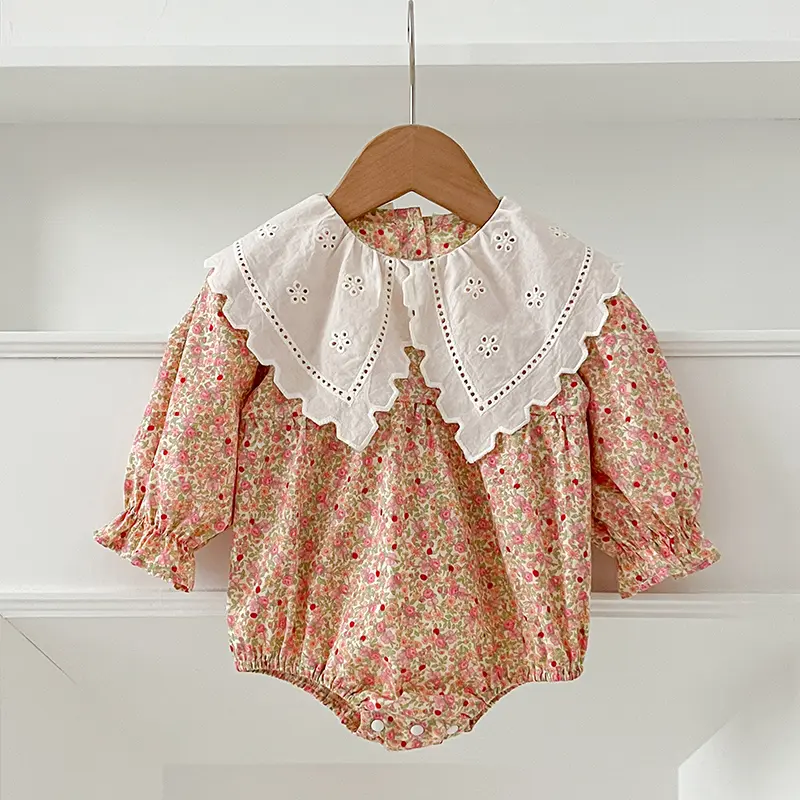 New Baby Girls Romper Autumn Newborn Clothing Infant Big Lapel Pink Floral Rompers Princess Kids Onepiece Fashion Baby Clothing