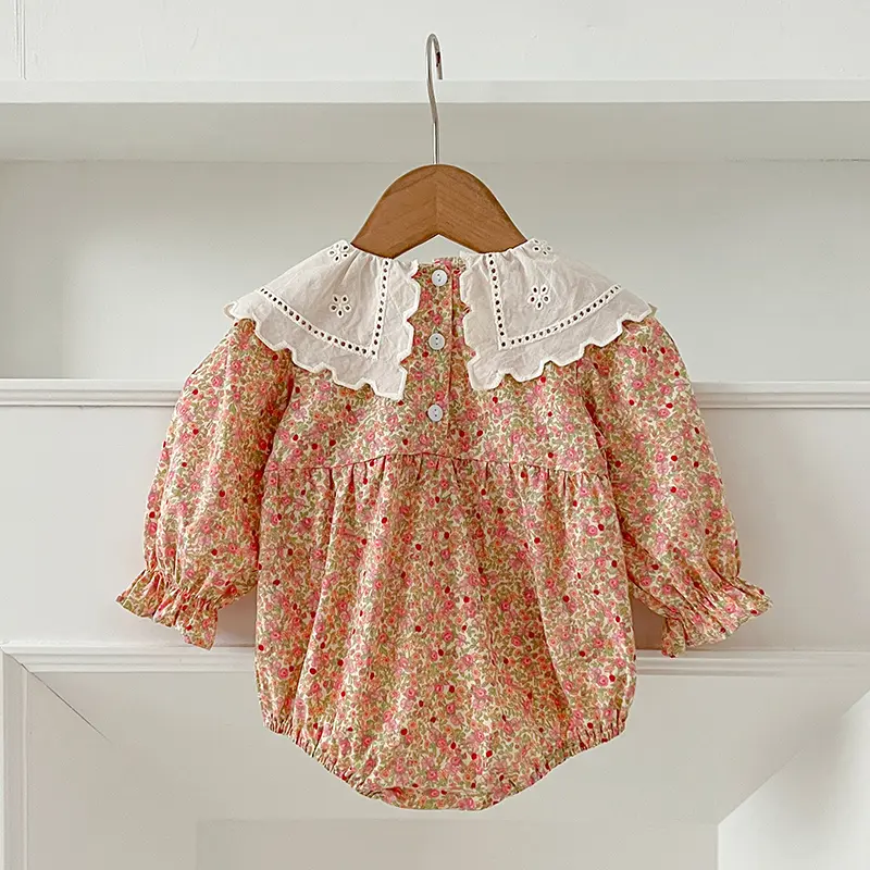 New Baby Girls Romper Autumn Newborn Clothing Infant Big Lapel Pink Floral Rompers Princess Kids Onepiece Fashion Baby Clothing