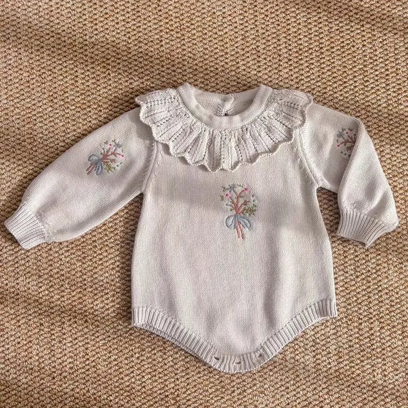 2025 Infant Baby Girl Knit Jumpsuit Flower Embroidery Long Sleeve Romper for Autumn 0-24M Baby Jumpsuit Baby Bodysuits Clothes