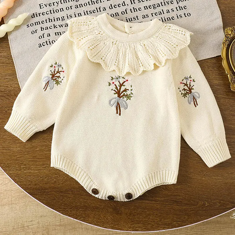 2025 Infant Baby Girl Knit Jumpsuit Flower Embroidery Long Sleeve Romper for Autumn 0-24M Baby Jumpsuit Baby Bodysuits Clothes