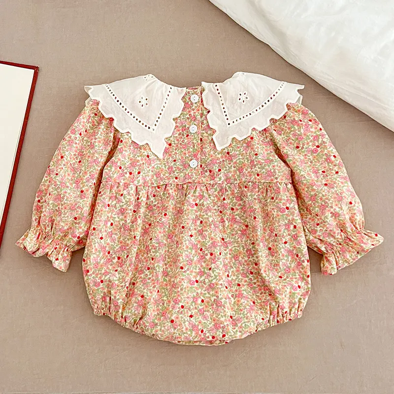 New Baby Girls Romper Autumn Newborn Clothing Infant Big Lapel Pink Floral Rompers Princess Kids Onepiece Fashion Baby Clothing