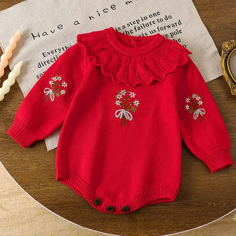2025 Infant Baby Girl Knit Jumpsuit Flower Embroidery Long Sleeve Romper for Autumn 0-24M Baby Jumpsuit Baby Bodysuits Clothes