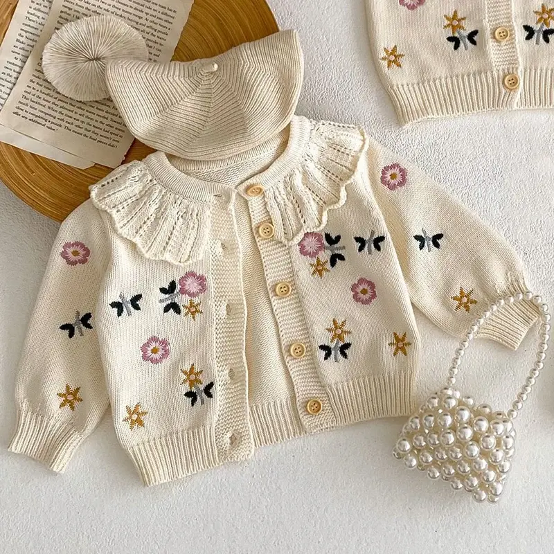 Autumn Cardigan Versatile Girl Baby Childrens Flower Embroidered Lotus Leaf Collar Knitted Pure Cotton Baby Girls Cardigan Coat