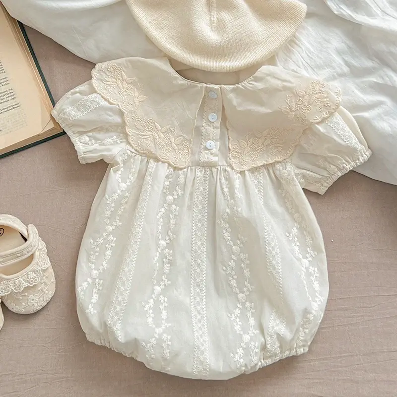 2025 New Summer Baby Romper 0-24M Children Clothes Climbing Suit Short Sleeved Cotton Embroidery Flower Newborn Baby Girl Romper