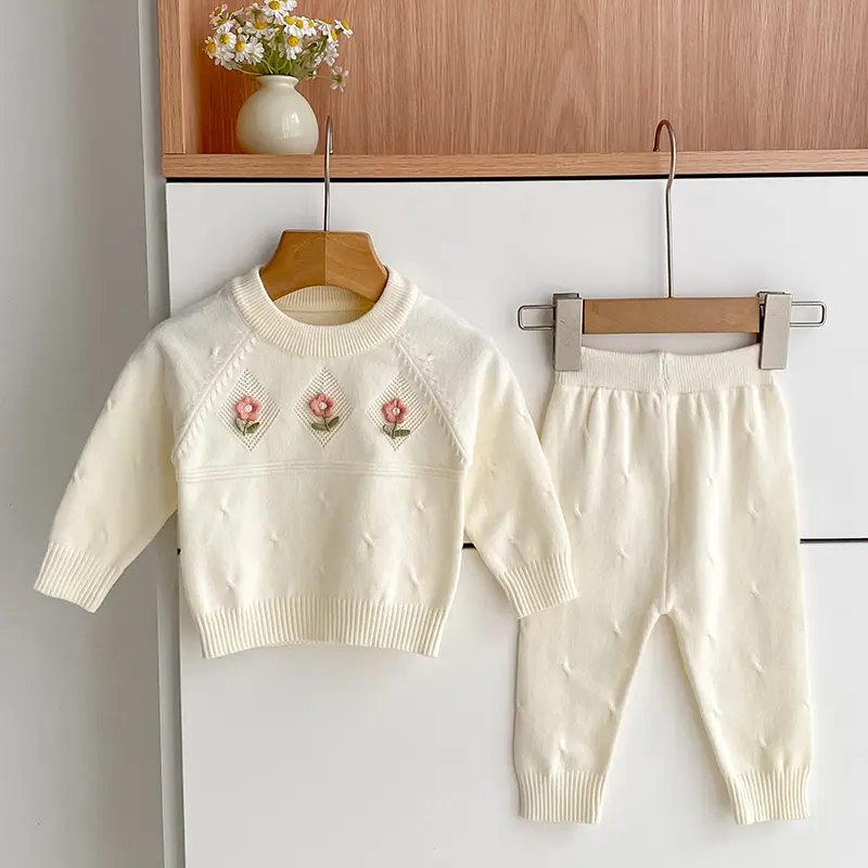 0-3Y Newborn Set Kid Baby Girl Sweater Clothes Set Autumn Embroidery Long Sleeve Knit Pullover Top Pant Suit Warm Knitwear Set