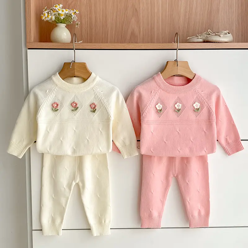 0-3Y Newborn Set Kid Baby Girl Sweater Clothes Set Autumn Embroidery Long Sleeve Knit Pullover Top Pant Suit Warm Knitwear Set