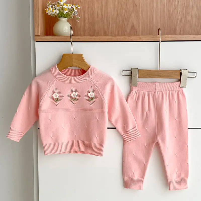 0-3Y Newborn Set Kid Baby Girl Sweater Clothes Set Autumn Embroidery Long Sleeve Knit Pullover Top Pant Suit Warm Knitwear Set