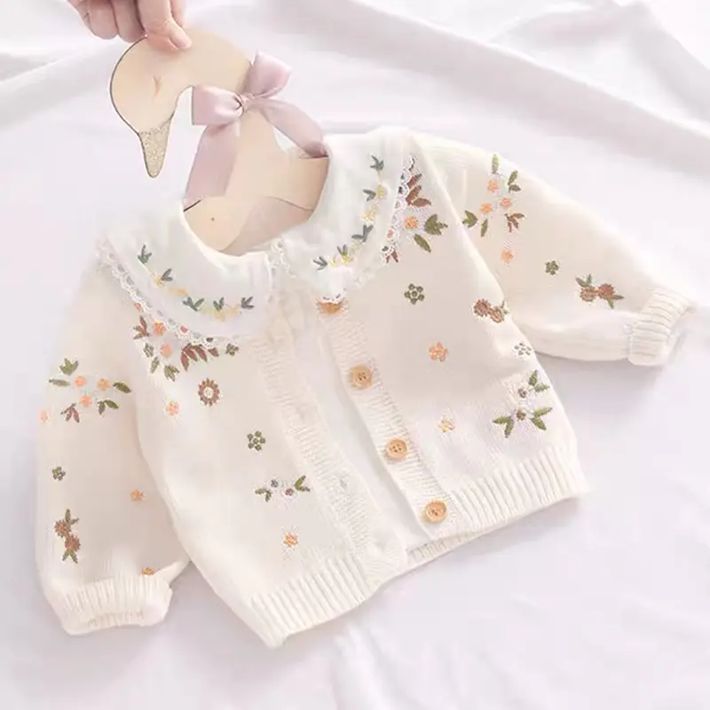 Autumn Infant Baby Girl Knitting Cardigan Toddler Baby Girls Sweater Coat Spring Embroidered Flowers Long Sleeve Cardigan Coat