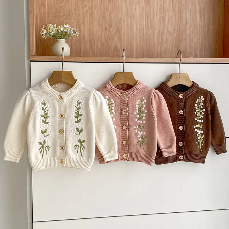 Girls Baby Sweater Cardigan Embroidered Flower Children Clothing Knitted Jacket Autumn Winter New Korean Fashion Princess Tops