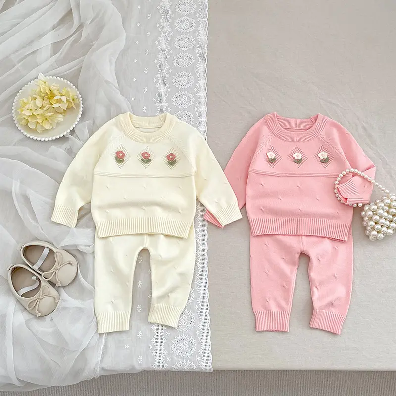 0-3Y Newborn Set Kid Baby Girl Sweater Clothes Set Autumn Embroidery Long Sleeve Knit Pullover Top Pant Suit Warm Knitwear Set