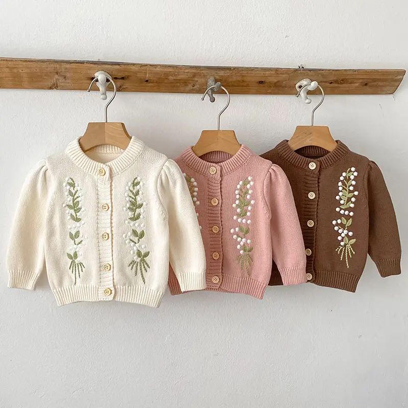 Girls Baby Sweater Cardigan Embroidered Flower Children Clothing Knitted Jacket Autumn Winter New Korean Fashion Princess Tops
