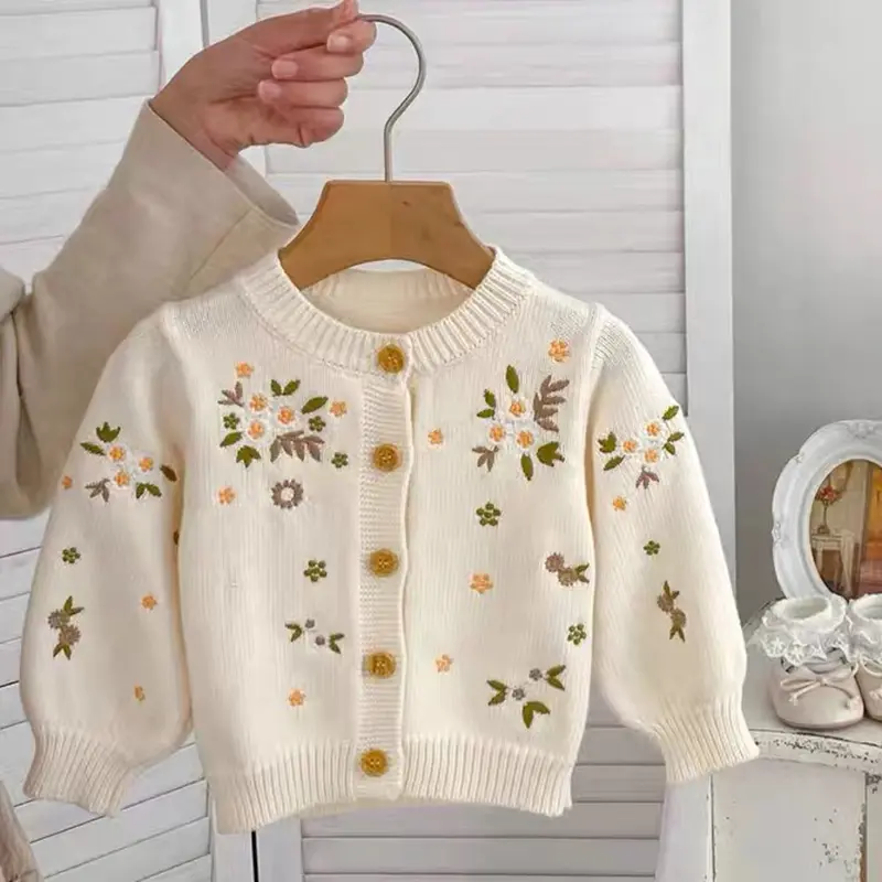 Autumn Infant Baby Girl Knitting Cardigan Toddler Baby Girls Sweater Coat Spring Embroidered Flowers Long Sleeve Cardigan Coat