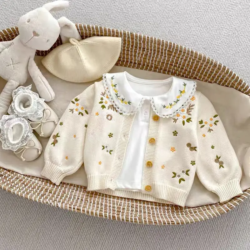 Autumn Infant Baby Girl Knitting Cardigan Toddler Baby Girls Sweater Coat Spring Embroidered Flowers Long Sleeve Cardigan Coat