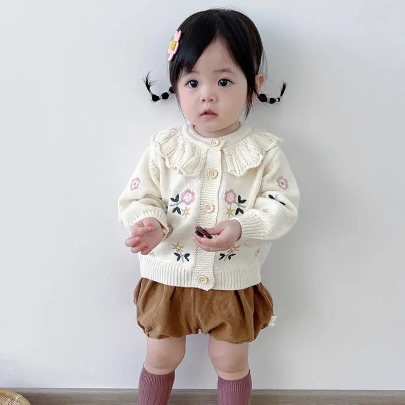 Autumn Baby Sweater Girl Sweaters Cardigans Embroidery Flower Ruffled Cardigans Toddler Knitwear Jackets Kid Knit Clothes Tops