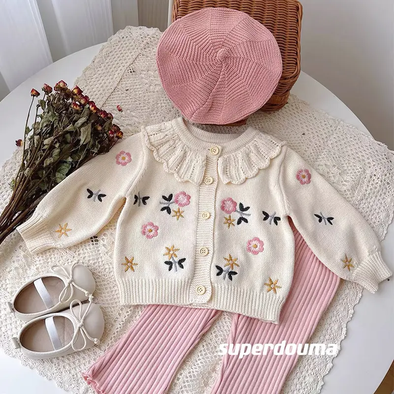 Autumn Baby Sweater Girl Sweaters Cardigans Embroidery Flower Ruffled Cardigans Toddler Knitwear Jackets Kid Knit Clothes Tops
