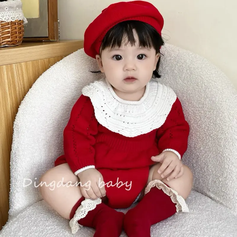 Christmas Knitting Newborn Romper Baby Girl Autumn Red Clothes Cute Long Sleeve Sweater Romper Jumpsuit Casual Newborn Outfits