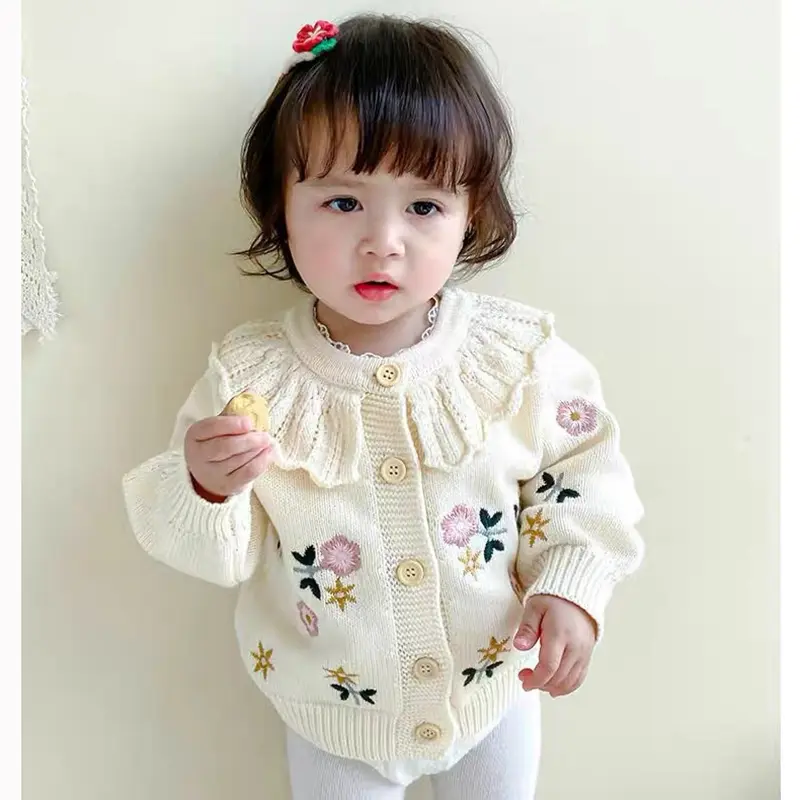 Autumn Baby Sweater Girl Sweaters Cardigans Embroidery Flower Ruffled Cardigans Toddler Knitwear Jackets Kid Knit Clothes Tops