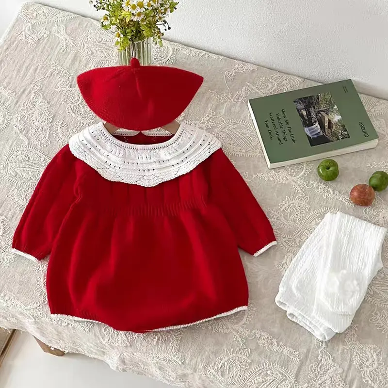 Christmas Knitting Newborn Romper Baby Girl Autumn Red Clothes Cute Long Sleeve Sweater Romper Jumpsuit Casual Newborn Outfits